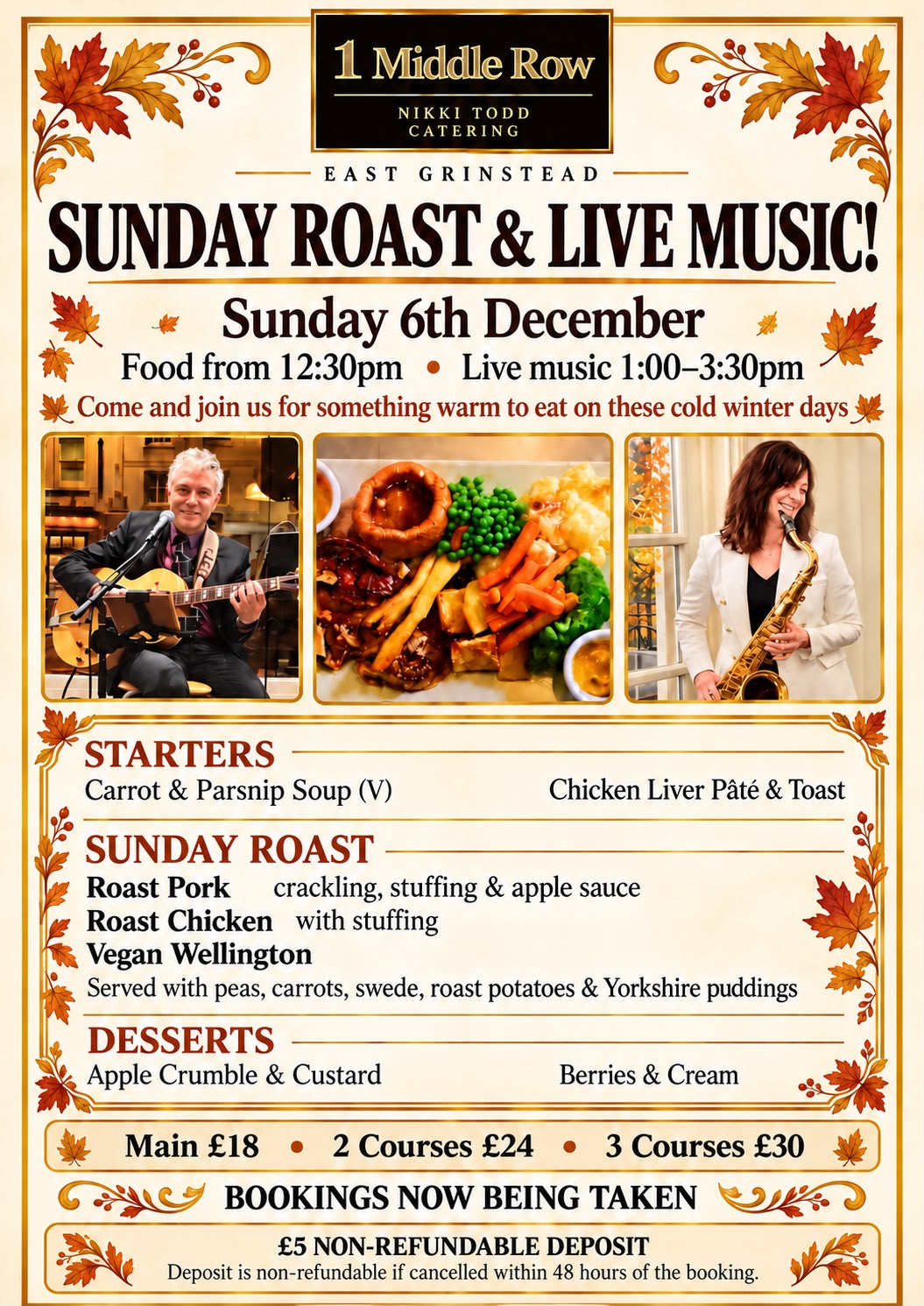 Sunday Roast & Live Music — Sunday 6 December at 1 Middle Row, East Grinstead